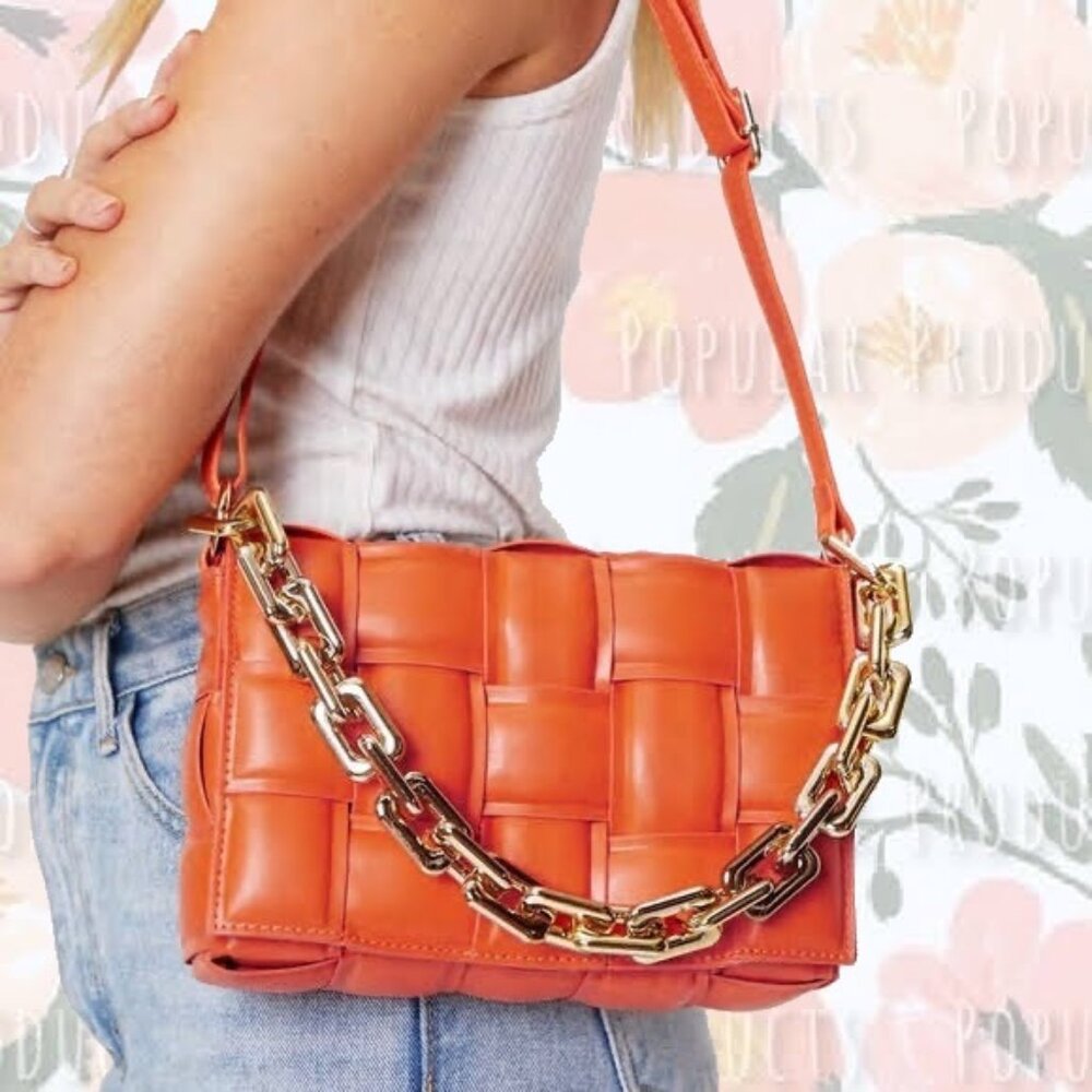 Woven Faux Leather Chain Crossbody, Orange